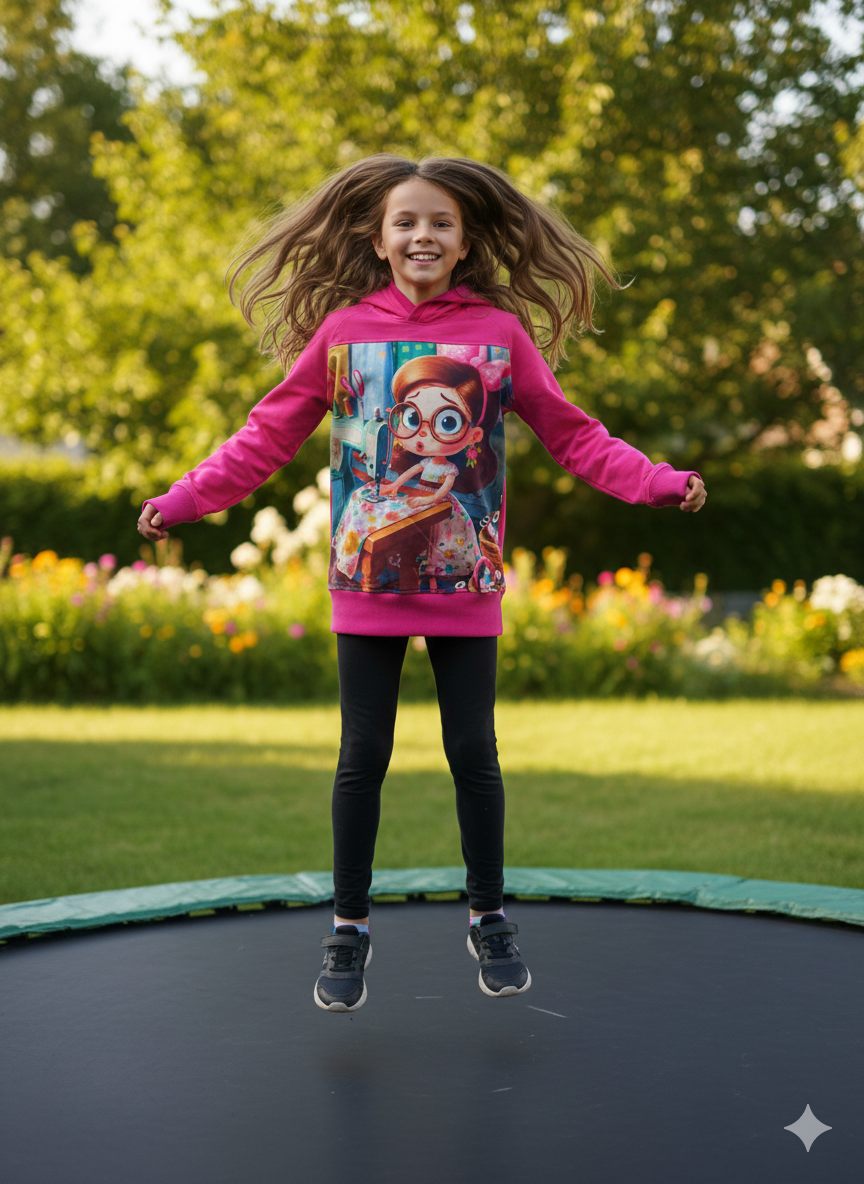 Dívčí mikina Malá švadlenka v malinové barvě velikost 110. Originální handmade mikina z teplákoviny s potiskem malé švadlenky, ručně šitá od Ivastyl.