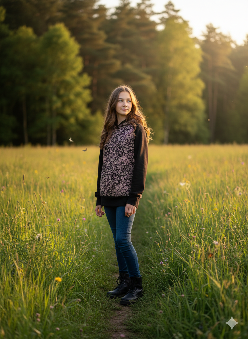 Originální dívčí mikina s krajkovým vzorem v černo-růžové kombinaci, velikost 122. Ručně šitá z teplákoviny, pohodlná a stylová mikina od Ivastyl.