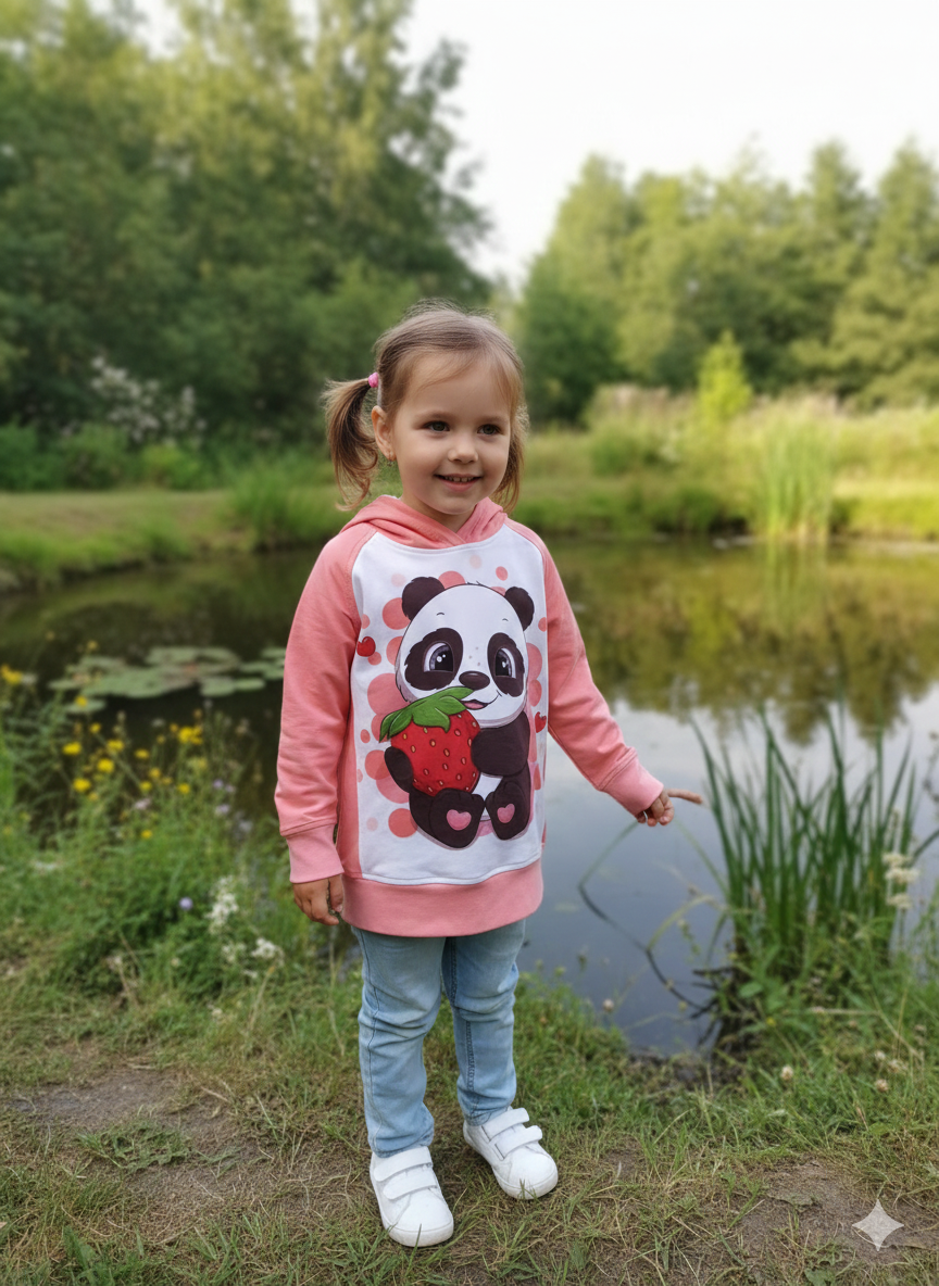 Originální dívčí mikina s pandou v lososové barvě, velikost 104. Ručně šitá z teplákoviny, pohodlná a jedinečná mikina pro malé parádnice od Ivastyl.