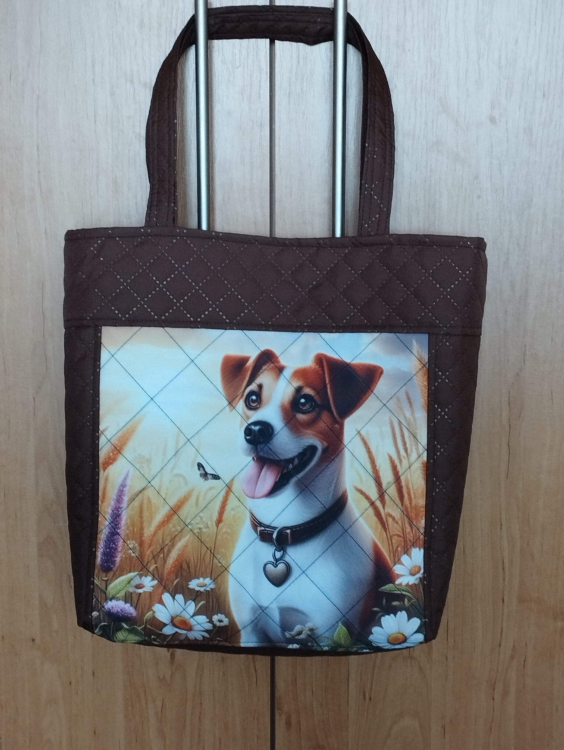 🐕 Ručně šitá hnědá taška – Jack Russell teriér v obilí