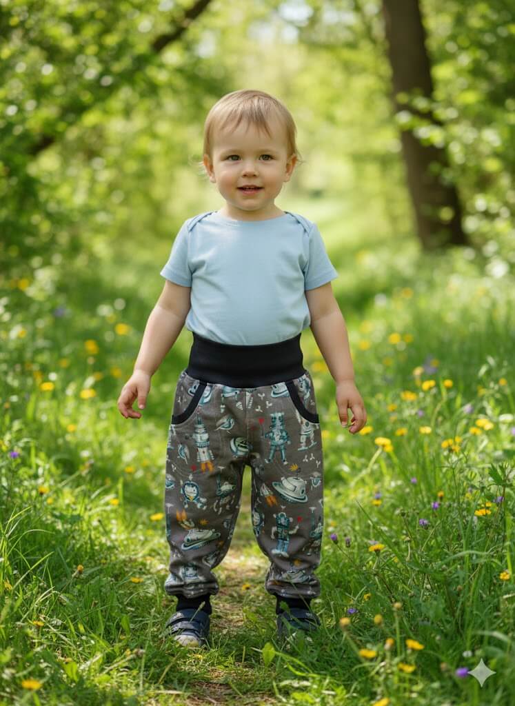 Dětské tepláky z bavlny s pružným pasem a volným střihem. Ideální pro školku, domů i na hřiště. Pohodlné na nošení po celý den.